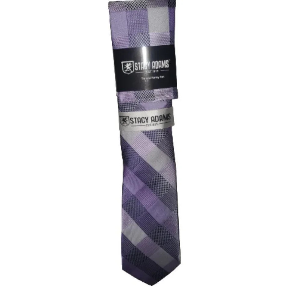 Stacy Adams Men's purple & Black plaid Tie & Hank Set Size OS